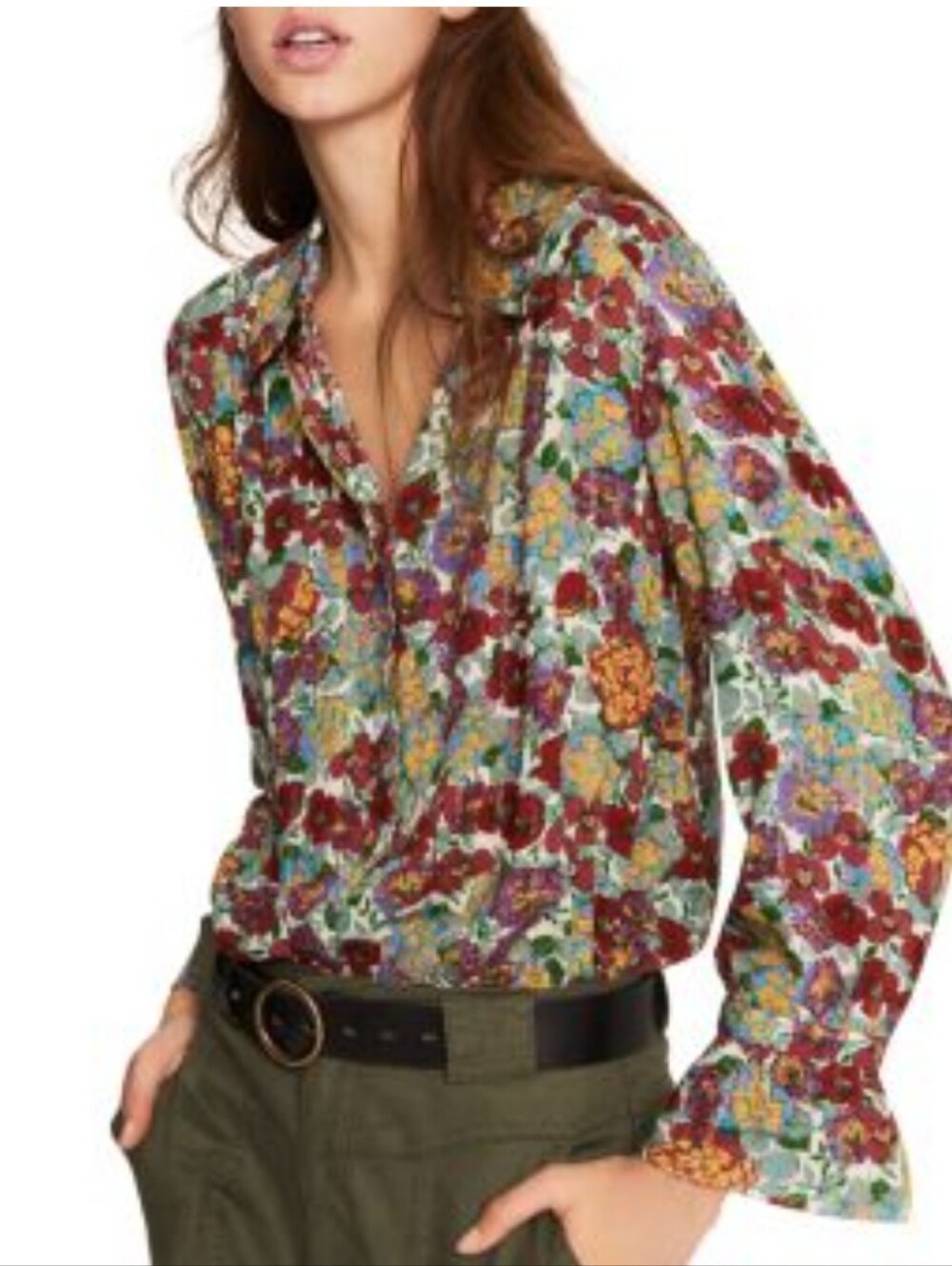 Ba&Sh Phara Pointed Collar Floral Button Down  Metallic Flare Sleeve